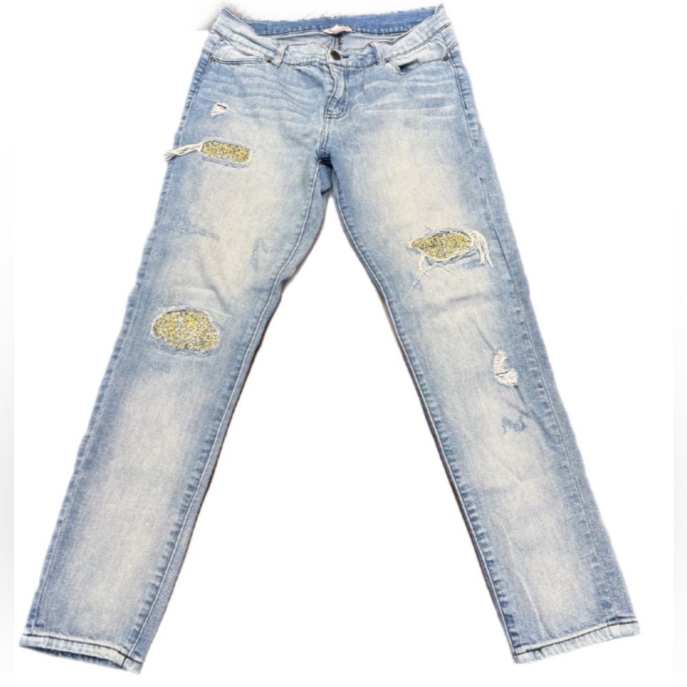 Juicy Couture Gold Accent Straight Leg Jeans with Distressed Details